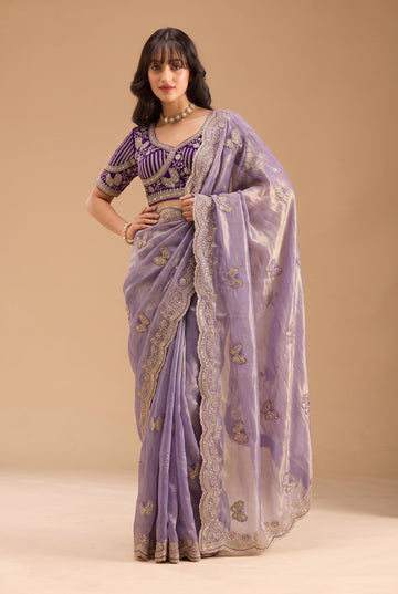 Lilac Lavender Fandy Silk Butterfly Embroidery Work Saree