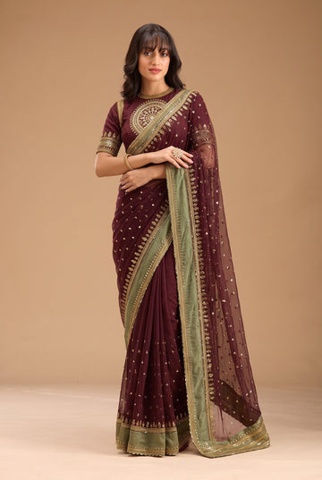 Designer Mulberry Wine NC Twill Saree With Embroidery Work