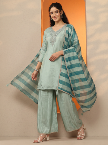 Sky Blue Embroidery Neck Work Short Kurta Suit Set With Dupatta