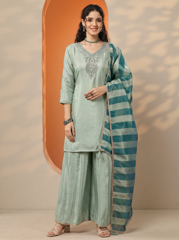 Sky Blue Embroidery Neck Work Short Kurta Suit Set With Dupatta