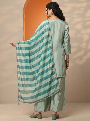 Sky Blue Embroidery Neck Work Short Kurta Suit Set With Dupatta