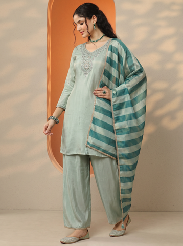 Sky Blue Embroidery Neck Work Short Kurta Suit Set With Dupatta