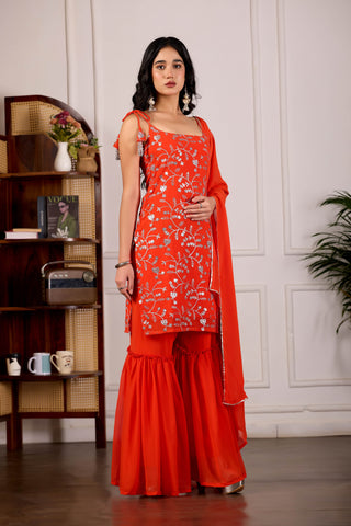 Vibrant Orange Embroidered Sharara Suit with Dupatta for Women