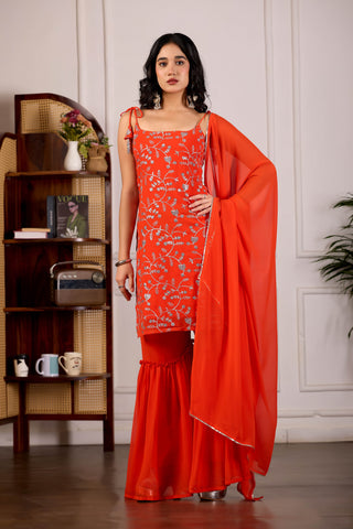 Vibrant Orange Embroidered Sharara Suit with Dupatta for Women