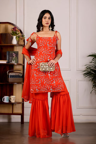 Vibrant Orange Embroidered Sharara Suit with Dupatta for Women