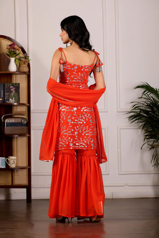 Vibrant Orange Embroidered Sharara Suit with Dupatta for Women