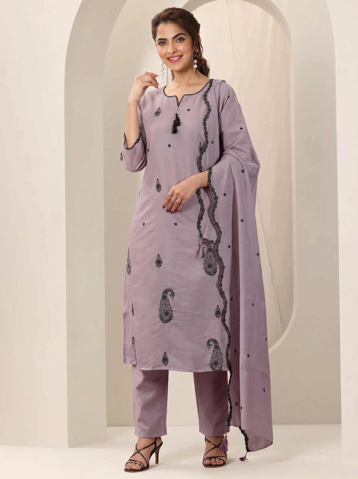 Violet Embroidered Cotton A-Line Suit Set for Women with Dupatta