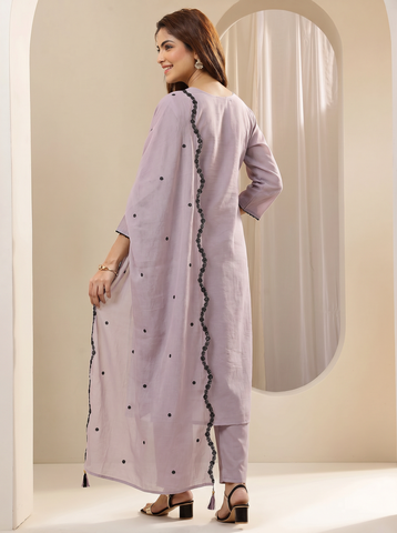 Violet Embroidered Cotton A-Line Suit Set for Women with Dupatta