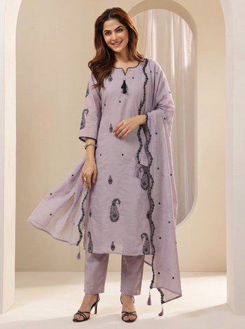 Violet Embroidered Cotton A-Line Suit Set for Women with Dupatta