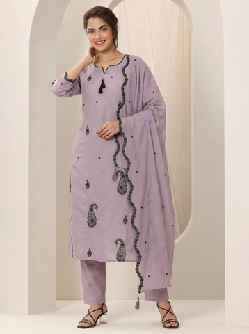 Violet Embroidered Cotton A-Line Suit Set for Women with Dupatta