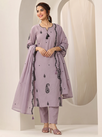 Violet Embroidered Cotton A-Line Suit Set for Women with Dupatta