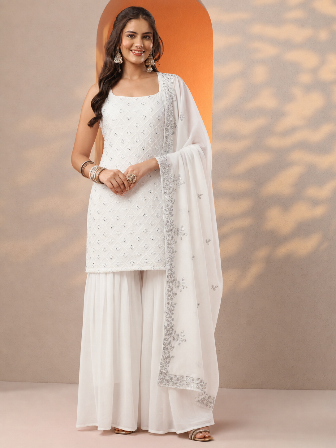 White Heavy Embroidered Sharara Suit Set For Women With Dupatta