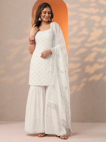 White Heavy Embroidered Sharara Suit Set For Women With Dupatta