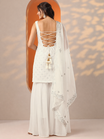 White Heavy Embroidered Sharara Suit Set For Women With Dupatta