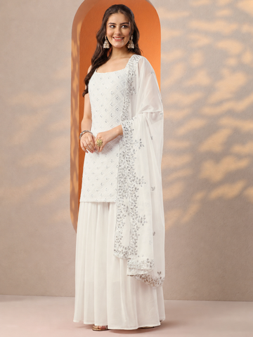 White Heavy Embroidered Sharara Suit Set For Women With Dupatta