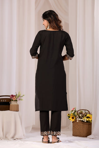 Black Embroidery Neck Work Cotton Straight Kurta Set for Women