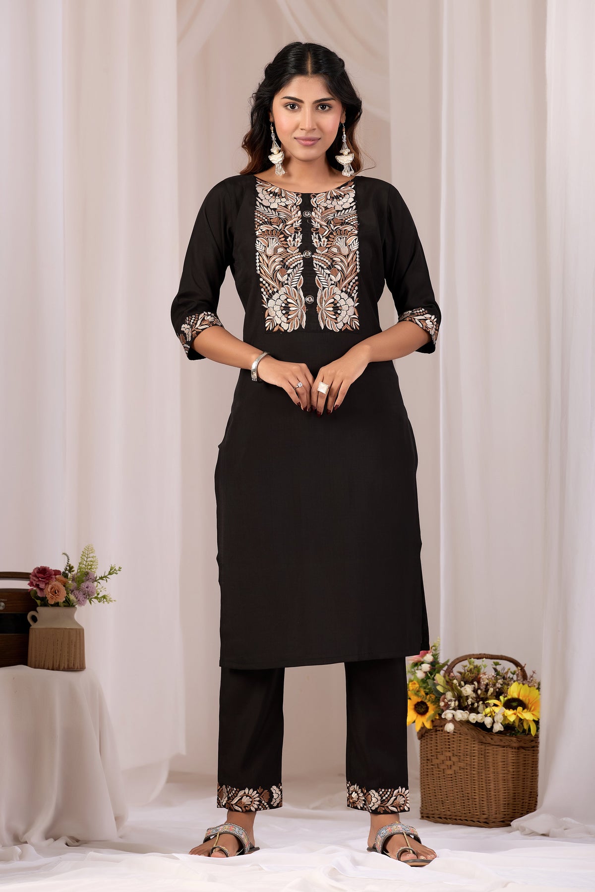 Black Embroidery Neck Work Cotton Straight Kurta Set for Women