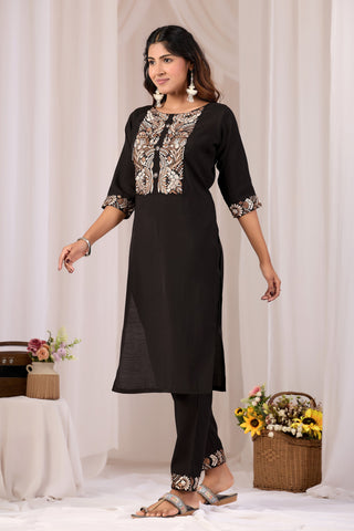 Black Embroidery Neck Work Cotton Straight Kurta Set for Women