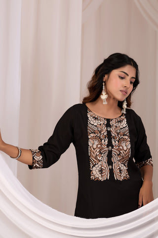 Black Embroidery Neck Work Cotton Straight Kurta Set for Women