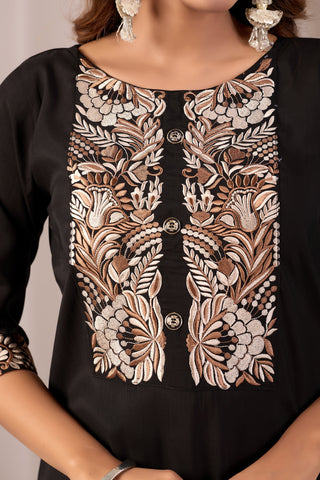 Black Embroidery Neck Work Cotton Straight Kurta Set for Women